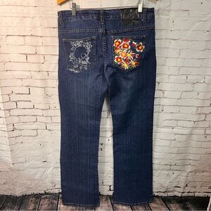 Ed Hardy Dark Blue Bootcut Jeans with Colorful Floral Pocket